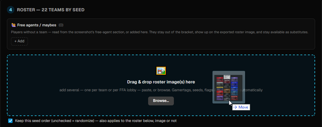 The screenshot drop zone with an imported roster underneath